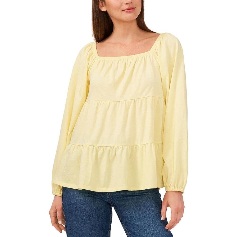 Riley & Rae Womens Tiered Square-Neck blouse butter yellow XL boutique garden